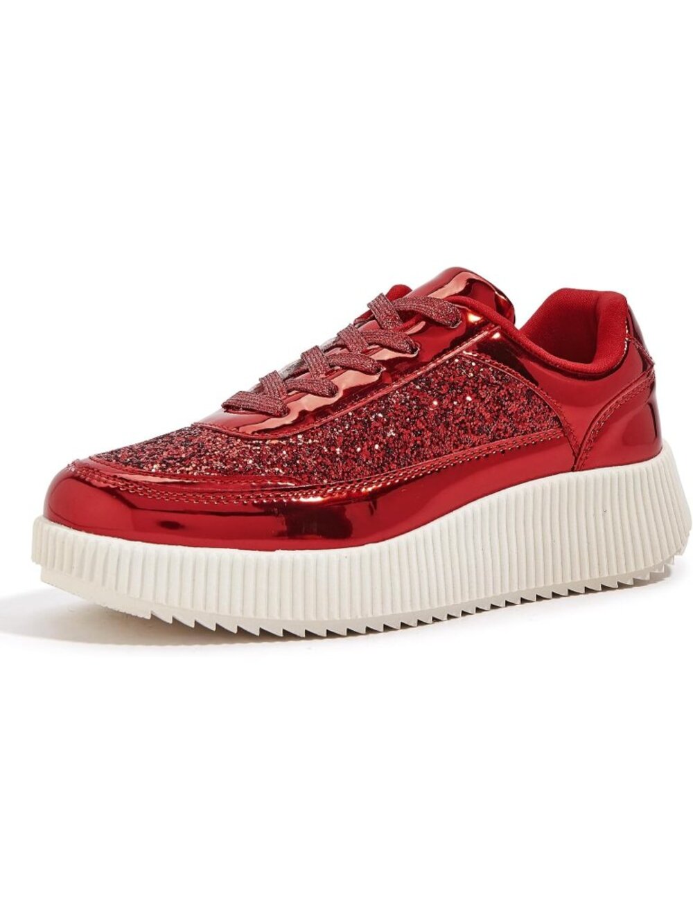 Women's Red Glitte Platform Casual Walking Braided Crochet Lace Up Cute Sneakers